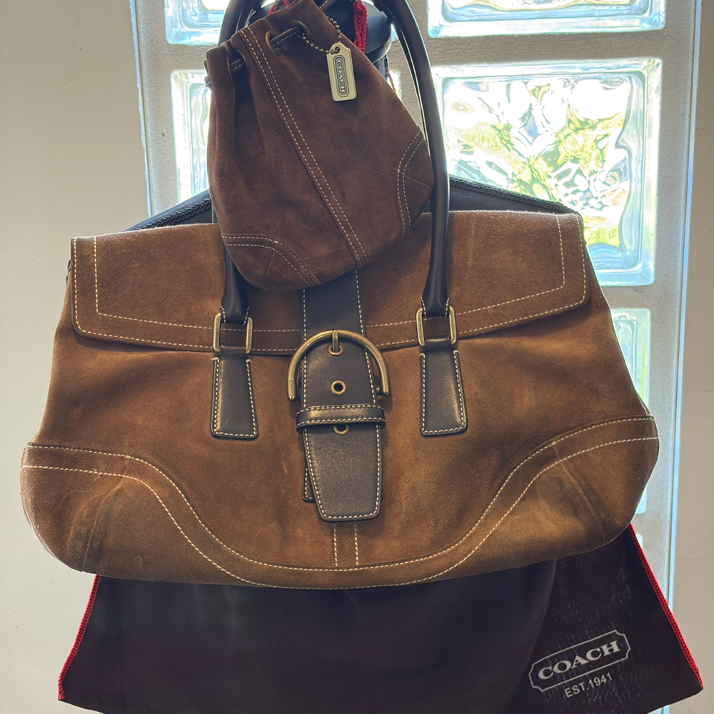 Vintage Coach 2 Piece Suede Bag with Leather Brass Set